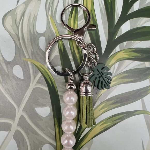 PLANT LADY Bag Charm Keychain Multi MONSTERA Pendant Suede Tassel Faux Pearls - Picture 7 of 17